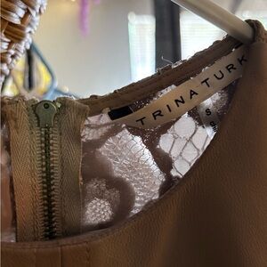 Trina Turk Taupe Leather and Lace Top